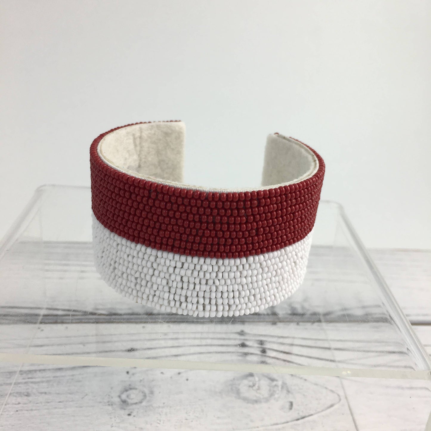 Burgundy and white beaded cuff bracelet