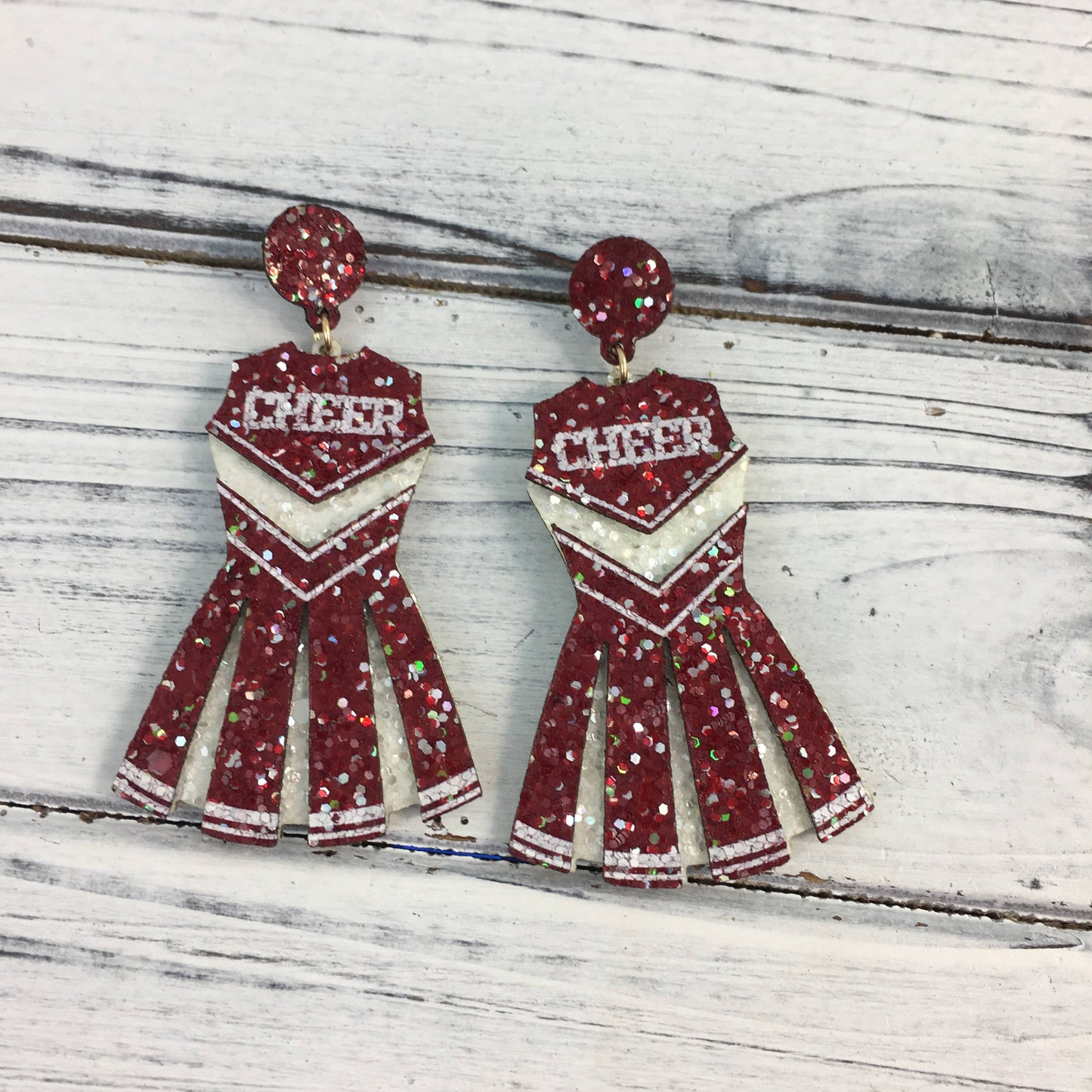 Burgundy and white glitter cheerleader outfit earrings