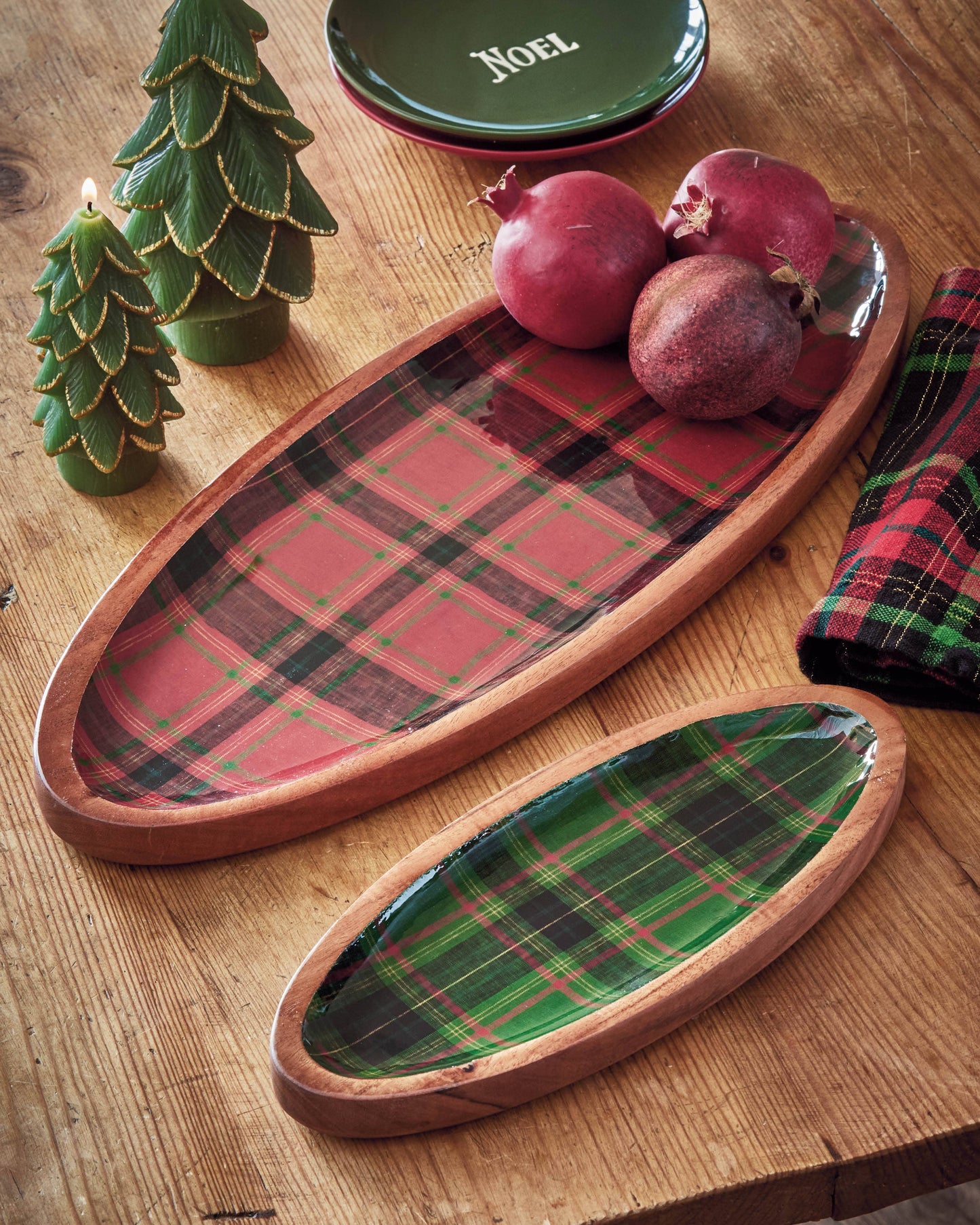 Christmas Holiday Plaid Wood & Enamel Platter Small