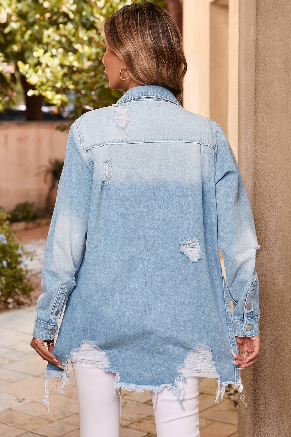 LDC Light Wash Distressed Frayed Long Denim Jacket