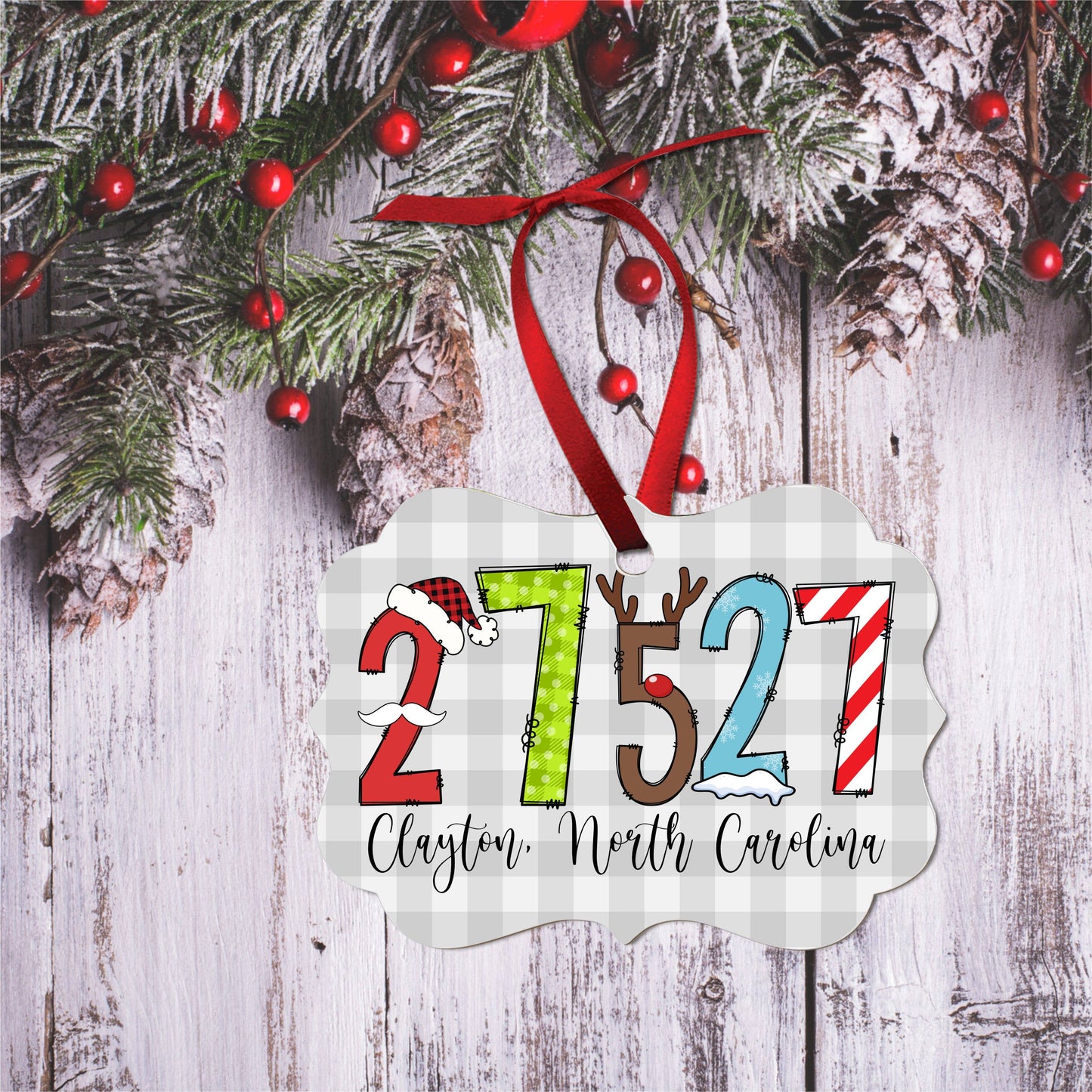Custom Zip Code Town State Christmas Font Ornament