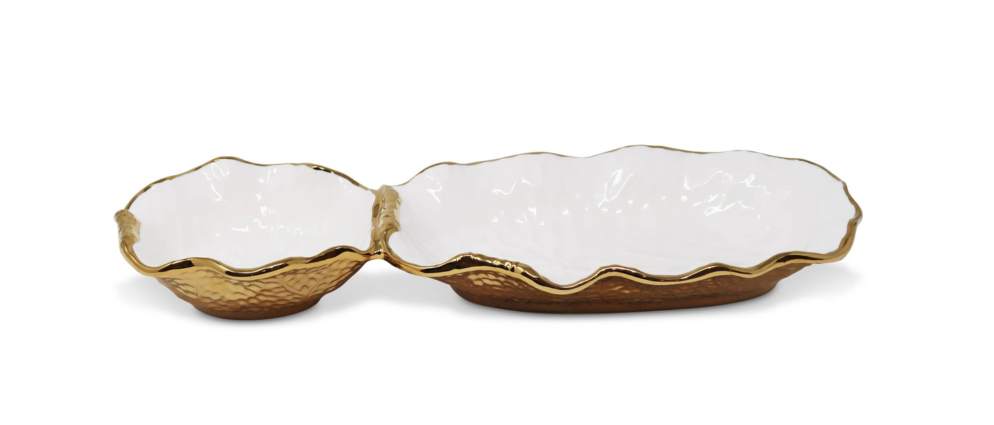 Hammered 2 Bowl Relish Dish Bone China with Gold Scalloped