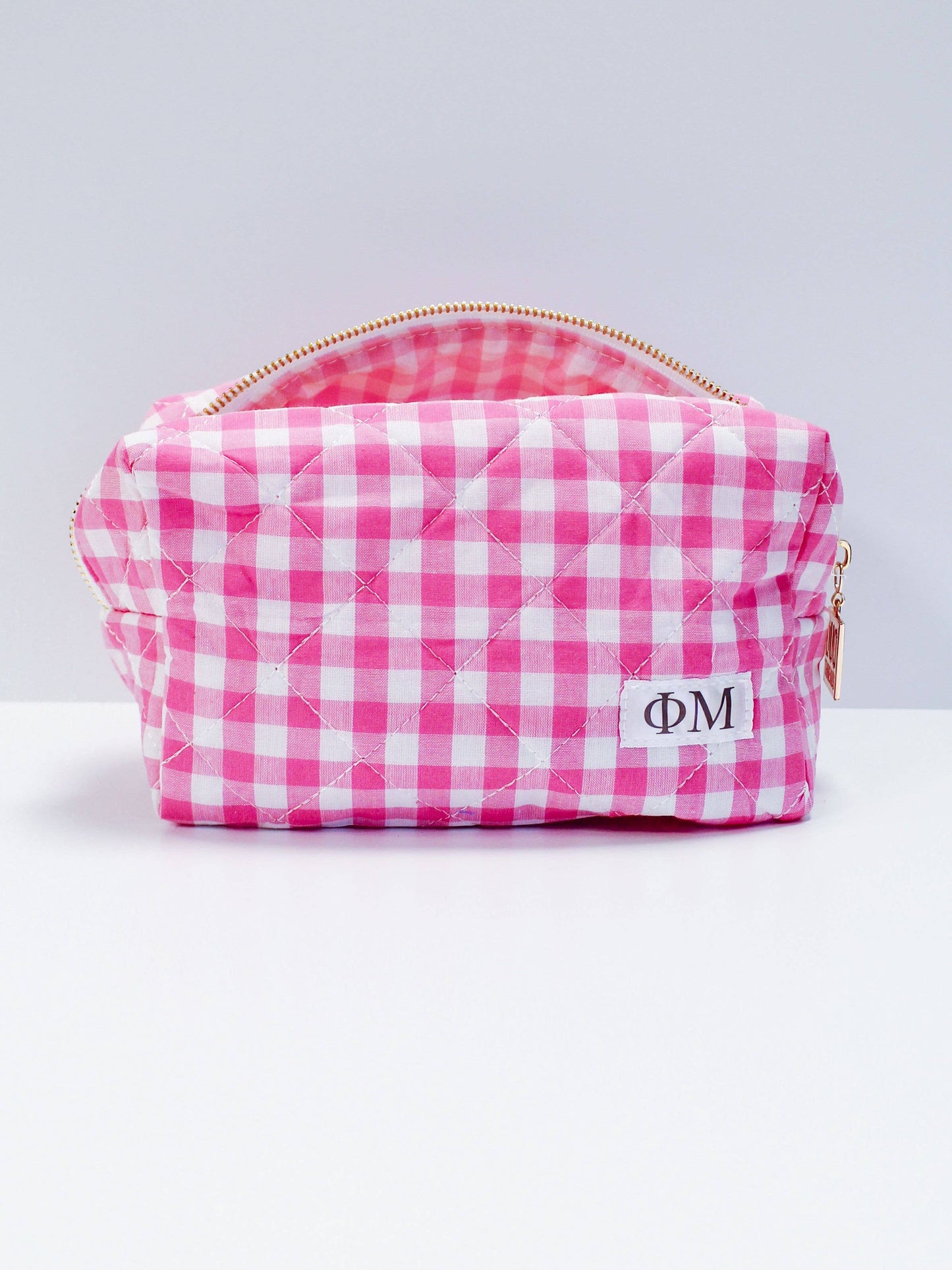 Phi Mu Sorority Gingham Quilted Makeup Bag