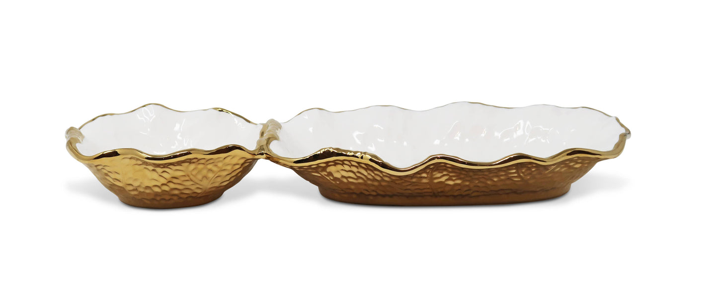 Hammered 2 Bowl Relish Dish Bone China with Gold Scalloped