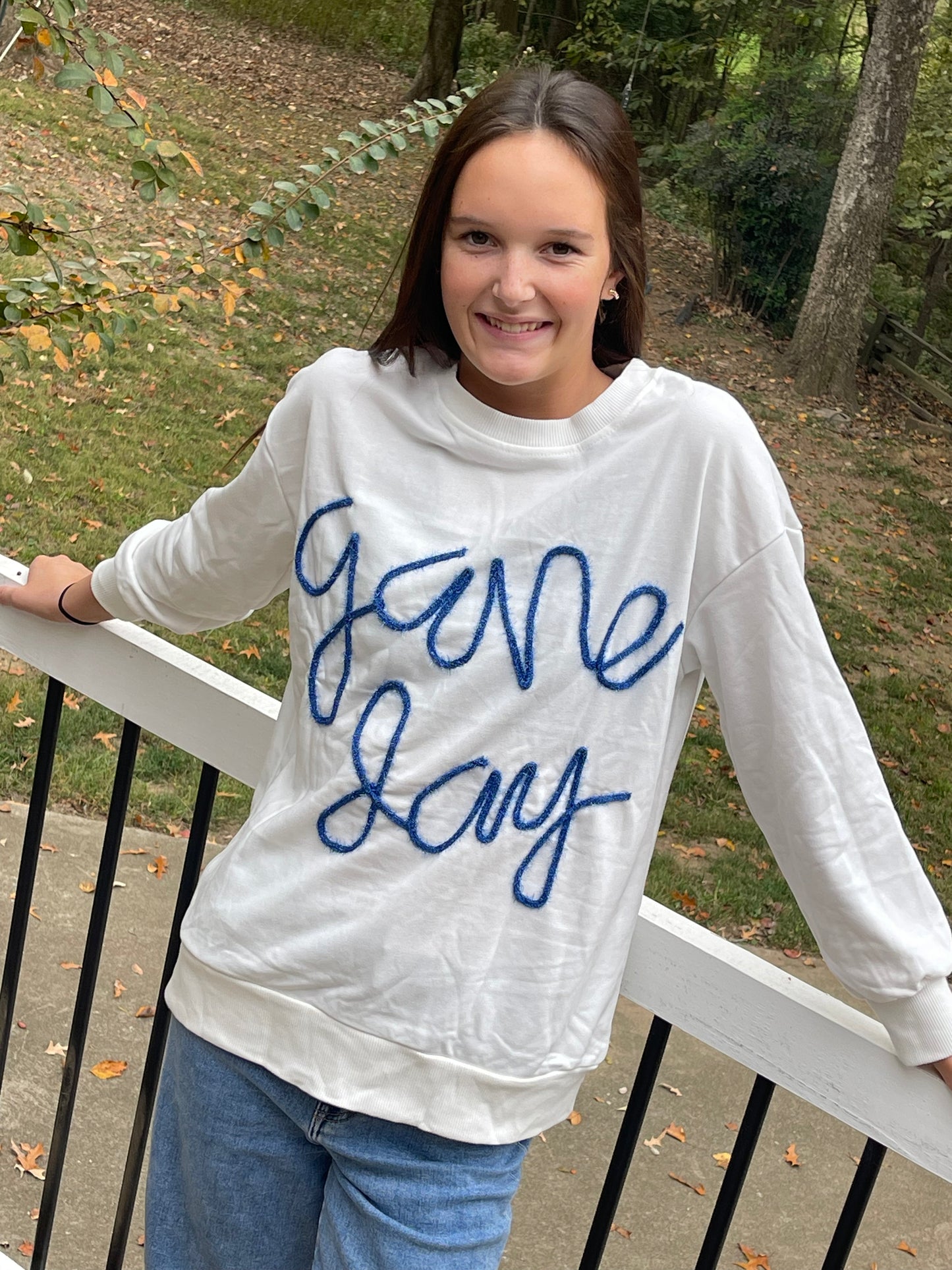 Dark Blue Tinsel Game Day Drop Shoulder Graphic Sweatshirt