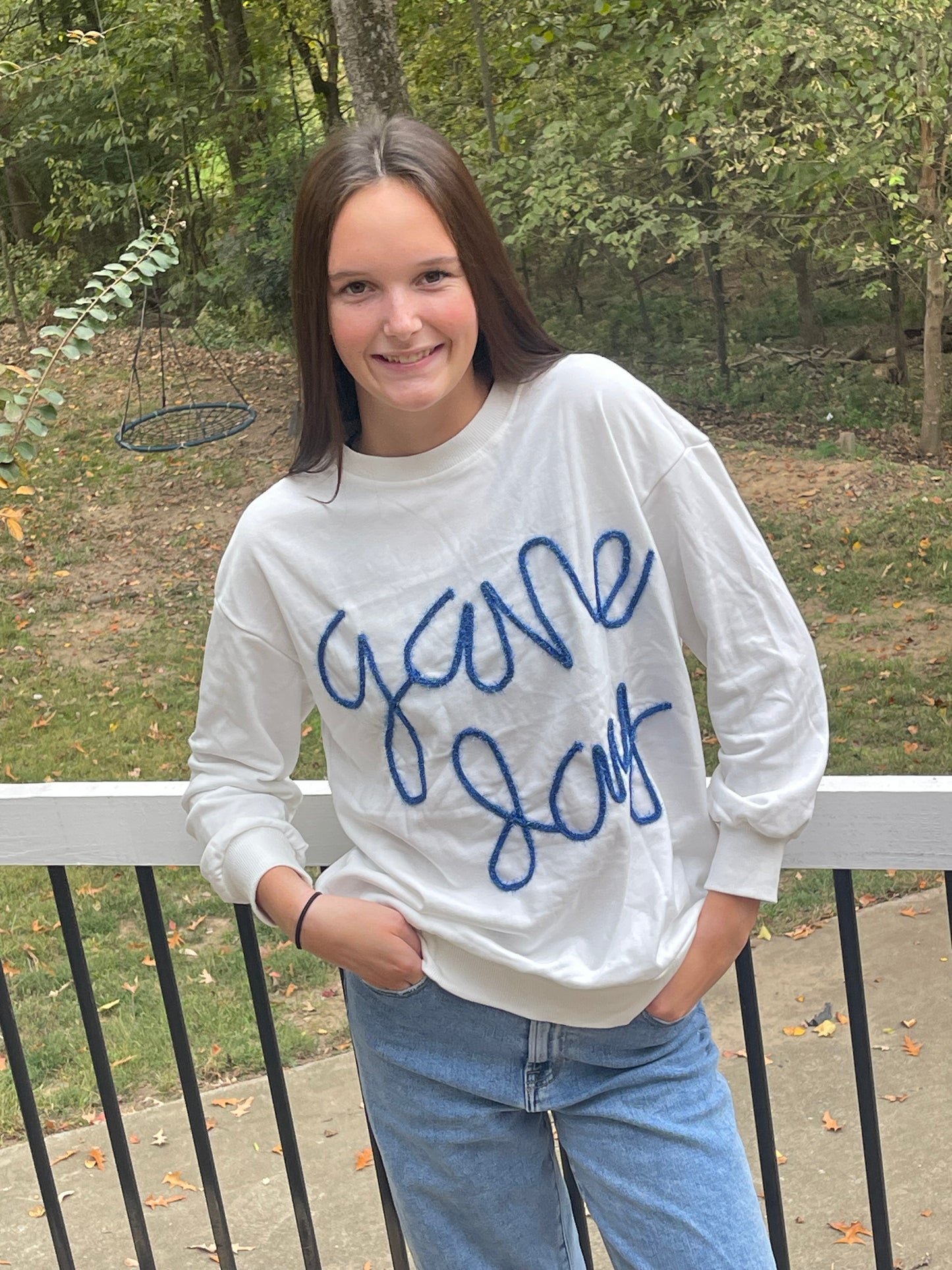 Dark Blue Tinsel Game Day Drop Shoulder Graphic Sweatshirt