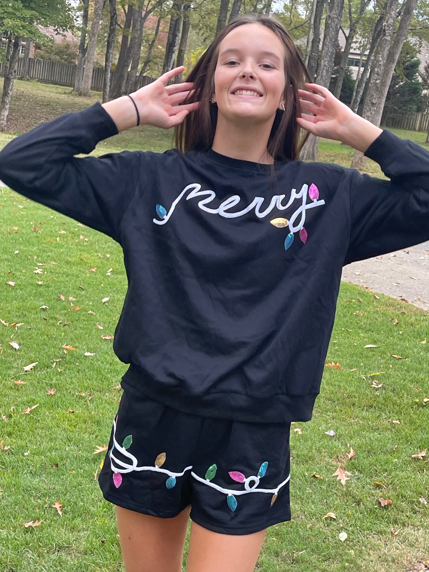 Black Sequin Merry Graphic Pullover and Shorts Outfit