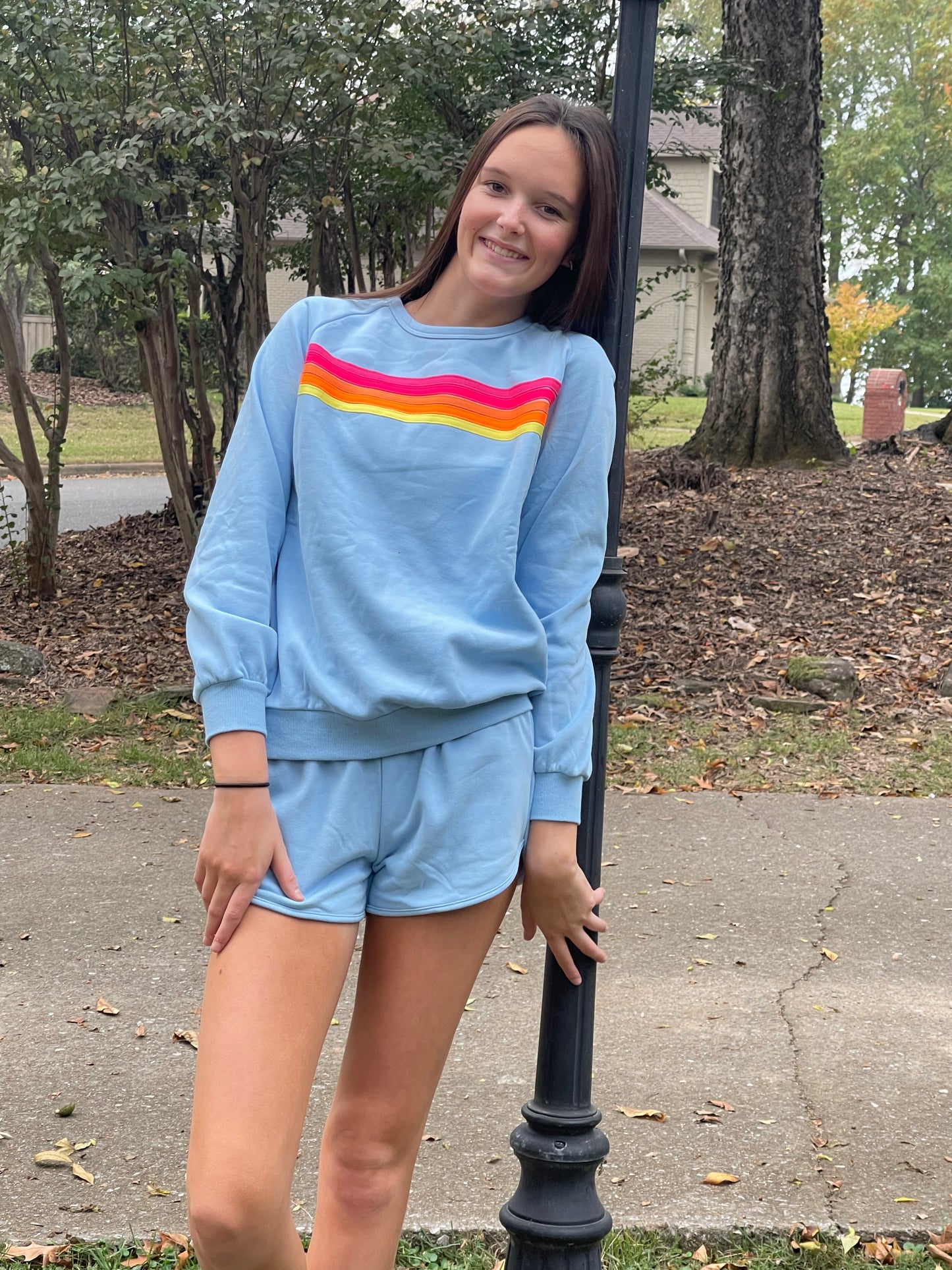 Blue Striped Accent Pullkver and Shorts Set