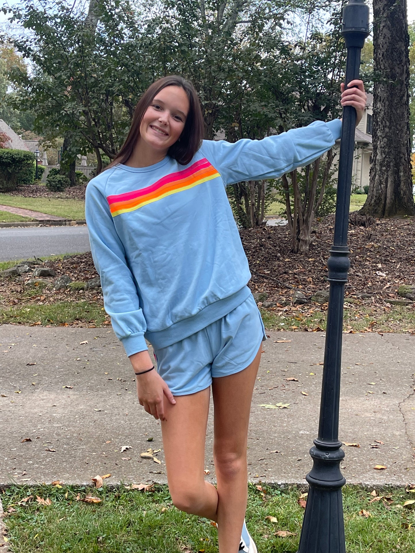 Blue Striped Accent Pullkver and Shorts Set