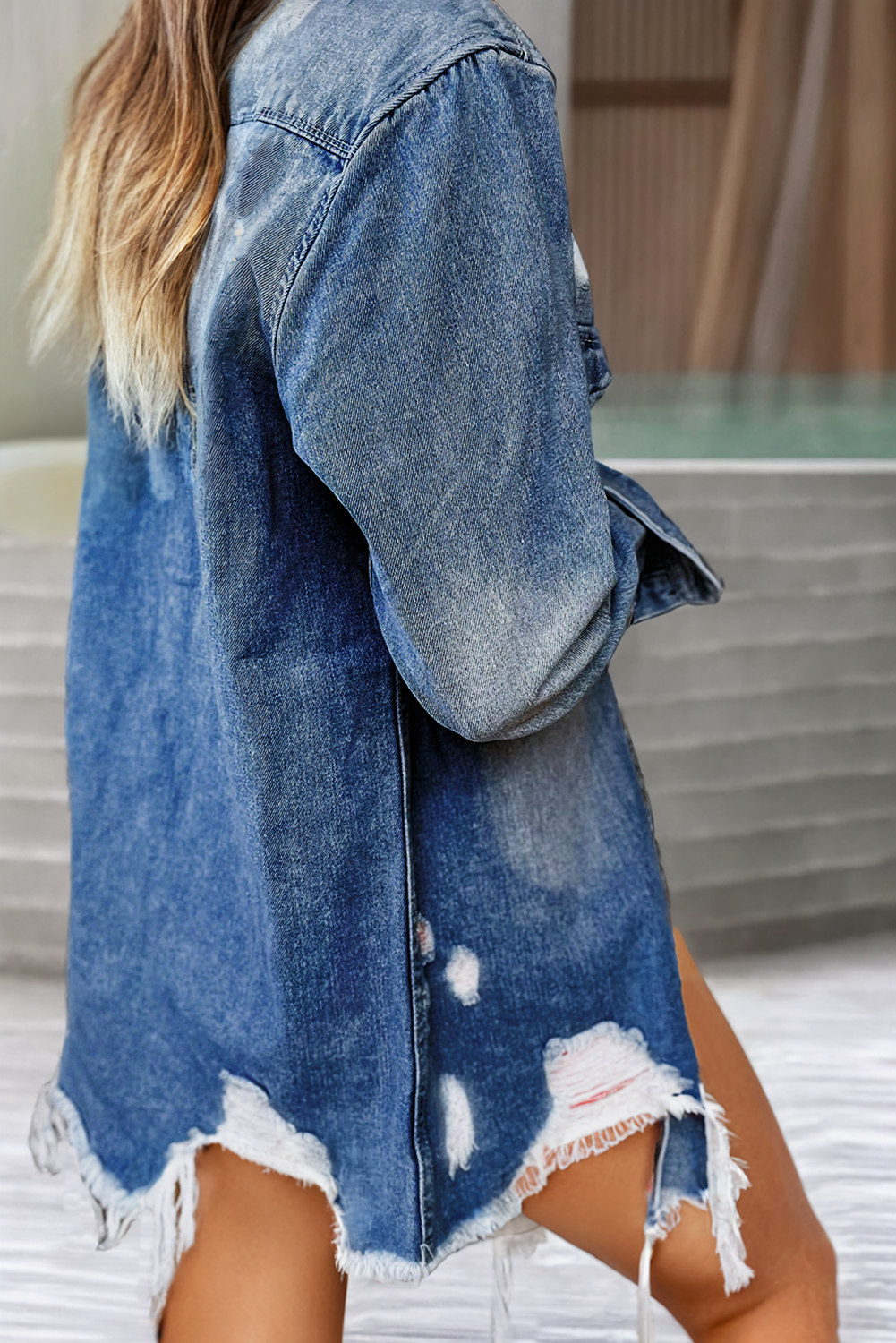 LDC Light Wash Distressed Frayed Long Denim Jacket