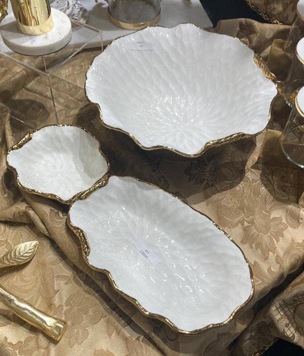 Hammered 2 Bowl Relish Dish Bone China with Gold Scalloped