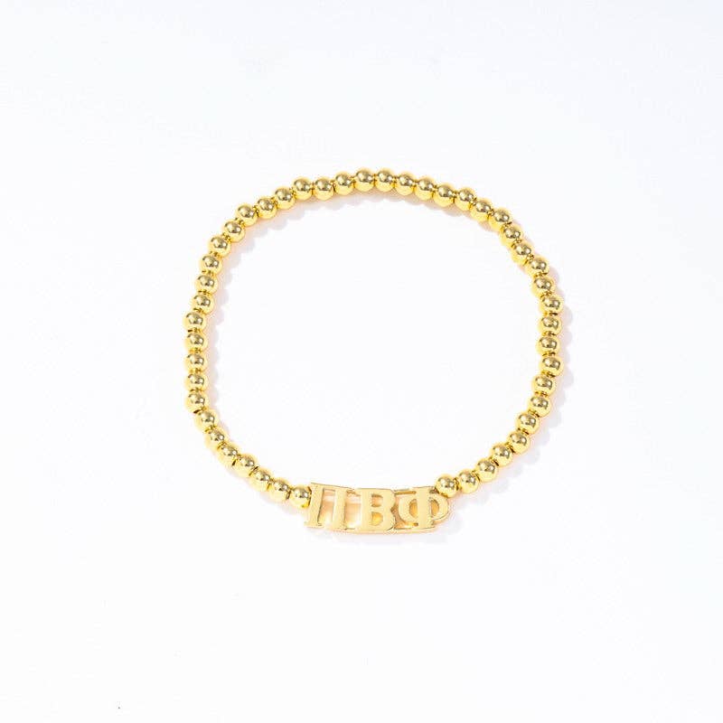 - Sorority: Gold Beaded Bracelet with Greek Letters on Stretch Cord