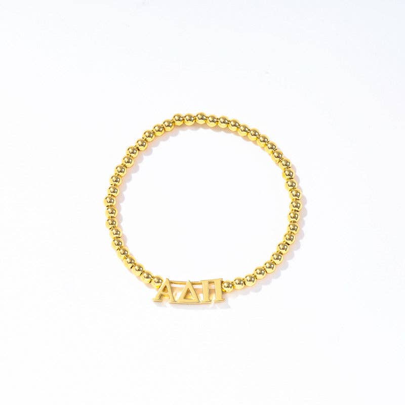 - Sorority: Gold Beaded Bracelet with Greek Letters on Stretch Cord