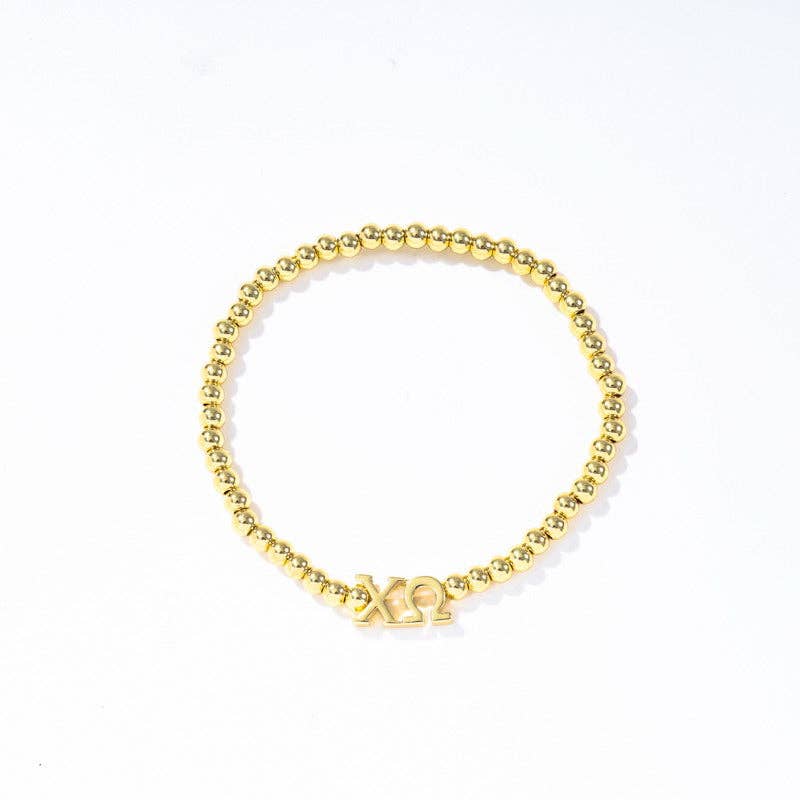 - Sorority: Gold Beaded Bracelet with Greek Letters on Stretch Cord