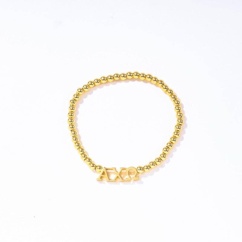 - Sorority: Gold Beaded Bracelet with Greek Letters on Stretch Cord