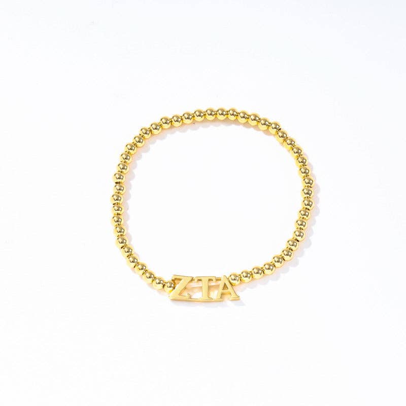 - Sorority: Gold Beaded Bracelet with Greek Letters on Stretch Cord