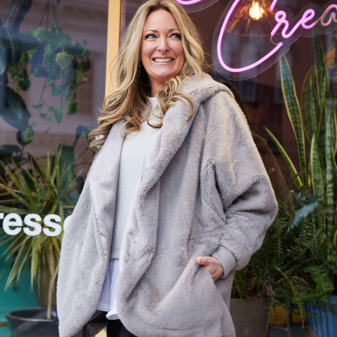 TS Luxe Grey Faux Fur Cardigan