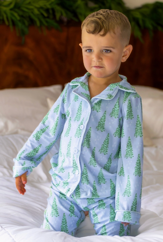 Kids Christmas Tree Button Down PJ Set