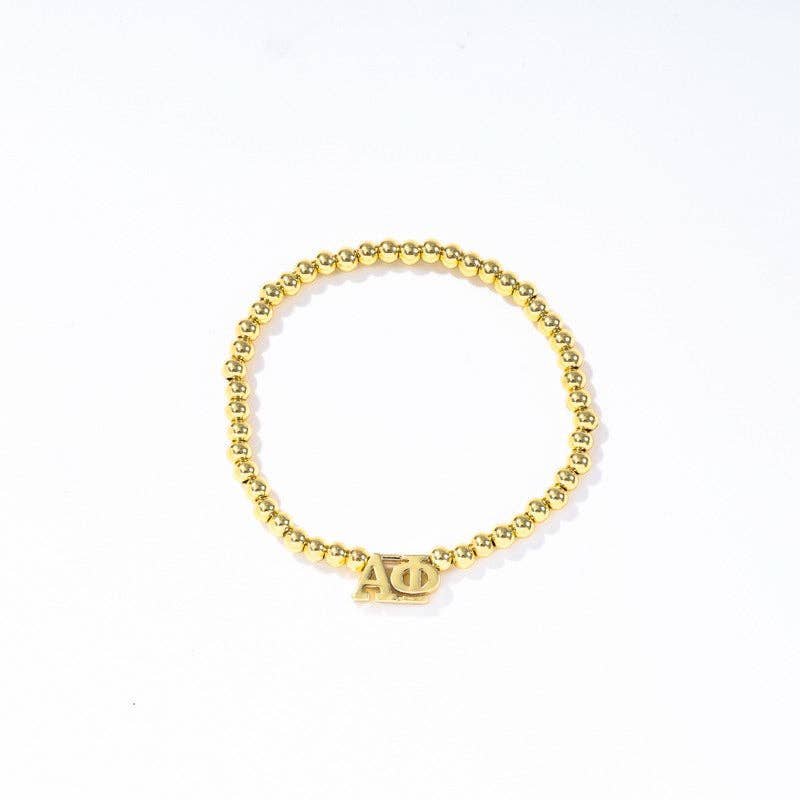 - Sorority: Gold Beaded Bracelet with Greek Letters on Stretch Cord