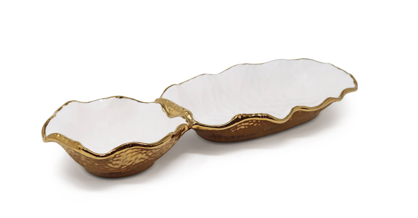 Hammered 2 Bowl Relish Dish Bone China with Gold Scalloped