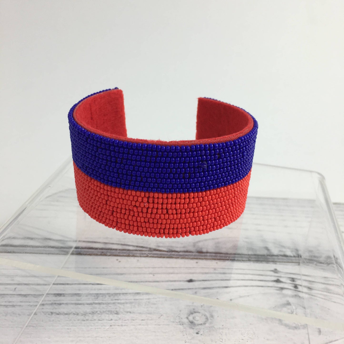 Red and blue beaded cuff bracelet