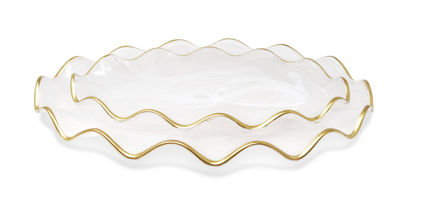 White Alabaster Oval Tray With Gold Ruffled Border (2 Sizes)
