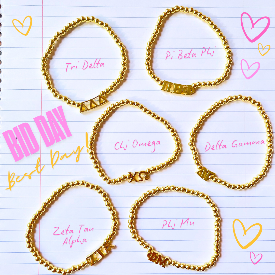 - Sorority: Gold Beaded Bracelet with Greek Letters on Stretch Cord