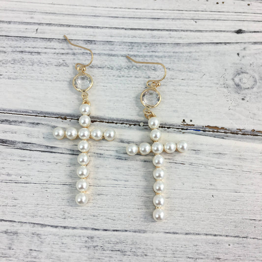 Pearl cross dangle earrings 